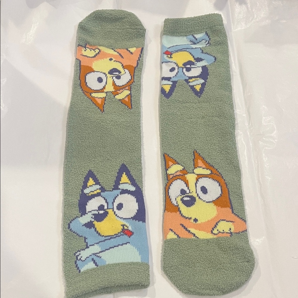 Bluey Fuzzy Crew Cartoon Character Green Socks